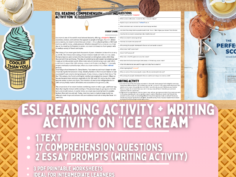 ESL Reading Comprehension   Writing Activity Worksheets on quot Ice Cream