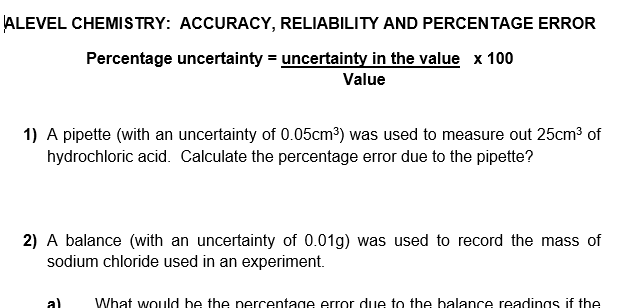 Calculating percentage error