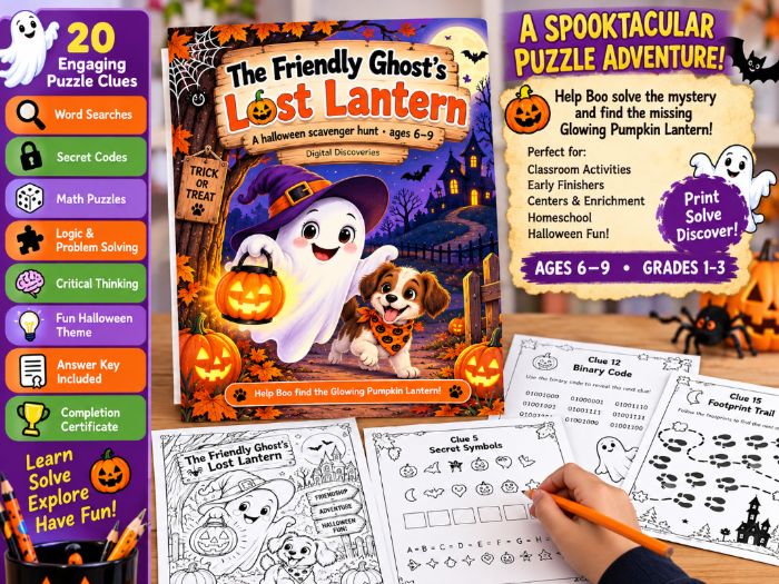 The Friendly Ghost’s Lost Lantern – Halloween Scavenger Hunt & Logic Puzzles | Ages 6–9 • Grades 1–3