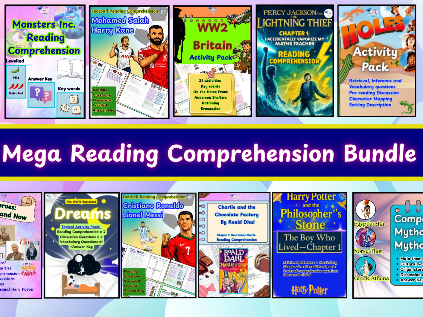 Mega Reading Comprehension Bundle: 13 Themed Packs (Harry Potter, Charlie and the Chocolate Factory, Dreams & More)