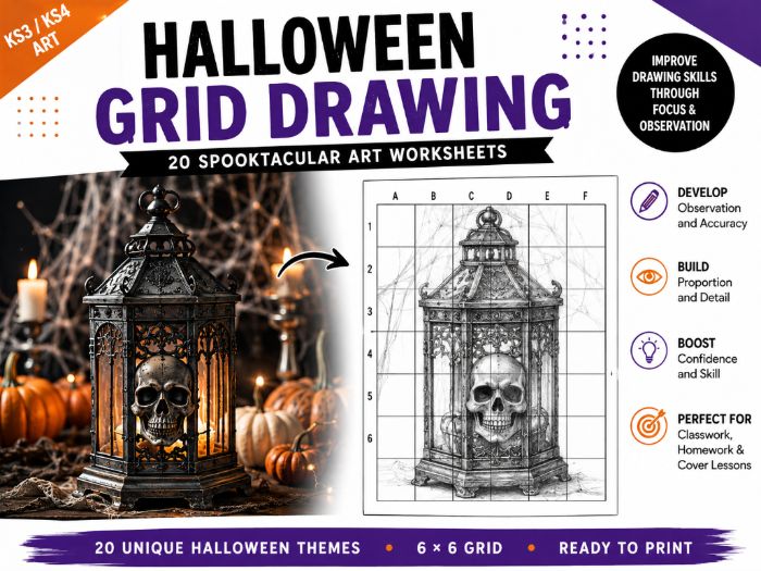 Halloween Grid Drawing Worksheets | 20 Art Activities | KS3 KS4 Drawing, Observation & Cover Lessons