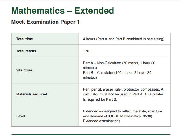 IGCSE-Style Mathematics – Mock Examination Paper 1 (Extended) | Non-Calculator & Calculator Sections