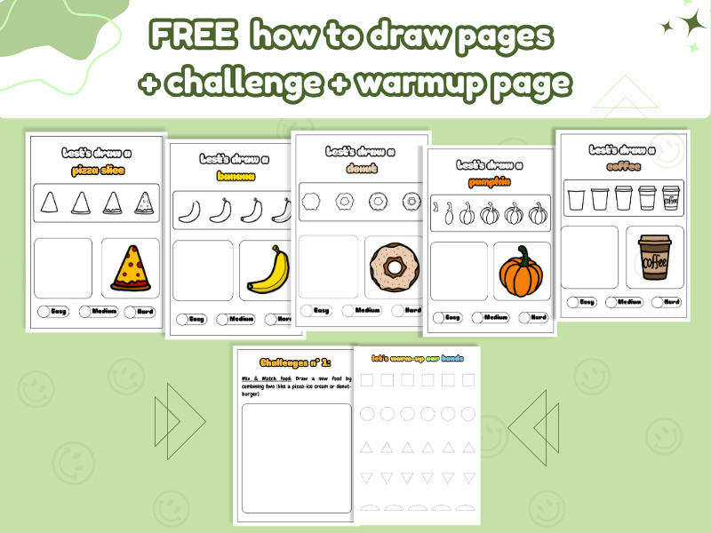 Free drawing food pages - step by step for kids