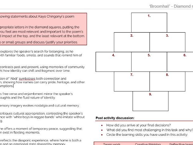 Kayo Chingonyi Poetry: 'Broomhall' Diamond 9 Resource