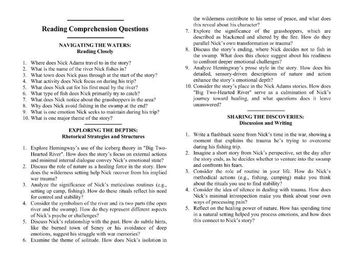 Big Two-Hearted River by Ernest Hemingway with Reading Comprehension Questions