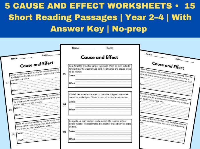Cause and Effect Passages | Year 2–4 | 15 Short Reading Tasks + Answer Key