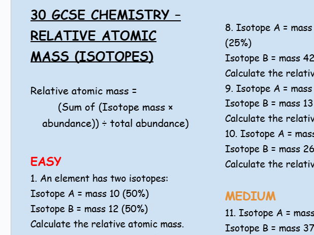 Relative atomic mass of isotopes calculations
