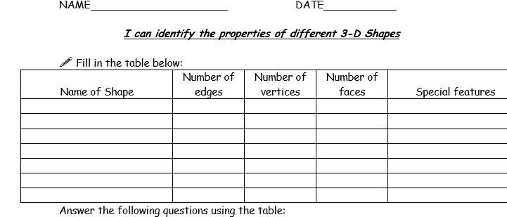 Properties of 3D shapes worksheet