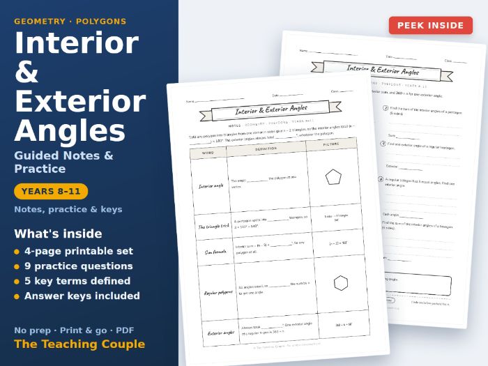 Interior & Exterior Angles Guided Notes & Practice + Answer Keys