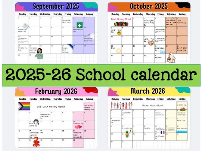 2025-2026 Calendar with main celebrations and school assemblies' ideas
