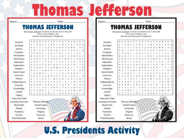 Thomas Jefferson Biography Word Search Puzzle | U.S. Presidents Activity