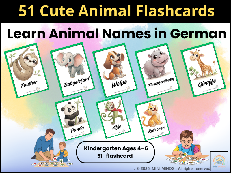 German Animal Flashcards for Kids (52 Cards)