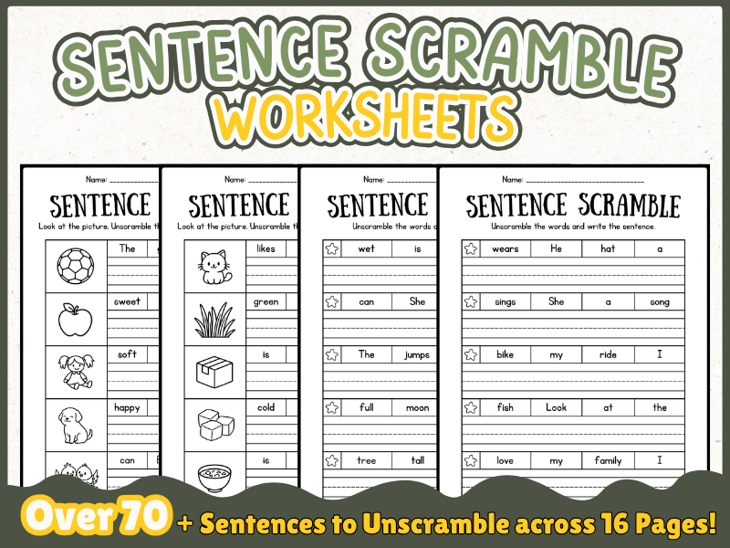 Sentence Scramble Worksheets | Unscramble the Sentences | Grammar and Writing Practice
