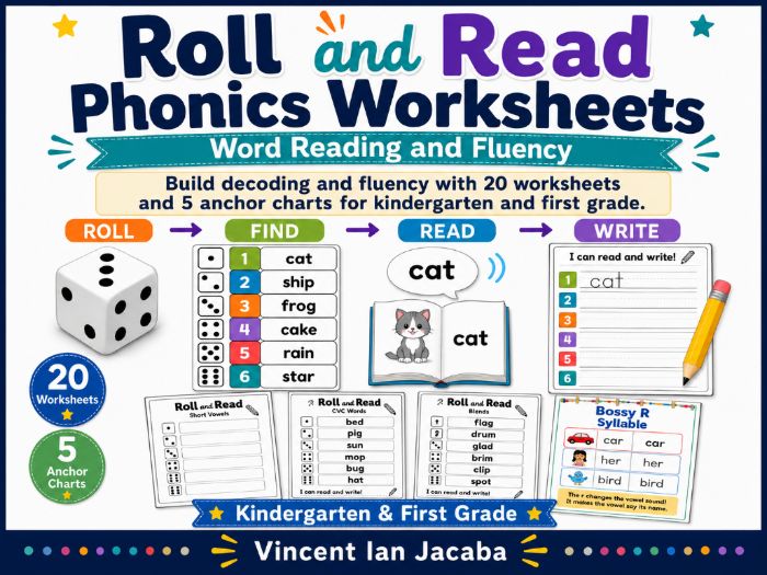 Roll and Read Phonics Worksheets | Word Reading and Fluency Activities for Kindergarten–Year 1