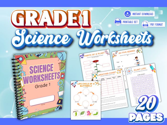 Grade 1 Science Worksheets Printable Activity Pack | Five Senses, Plants, Butterfly Life Cycle