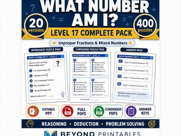 What Number Am I? Level 17: Improper Fractions And Mixed Numbers | 20-Version Bundle