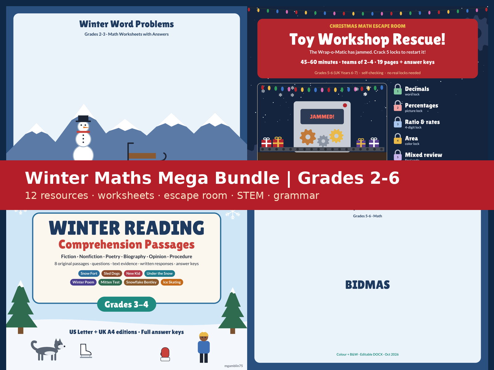 Winter maths mega bundle printable worksheets Grades 2-6