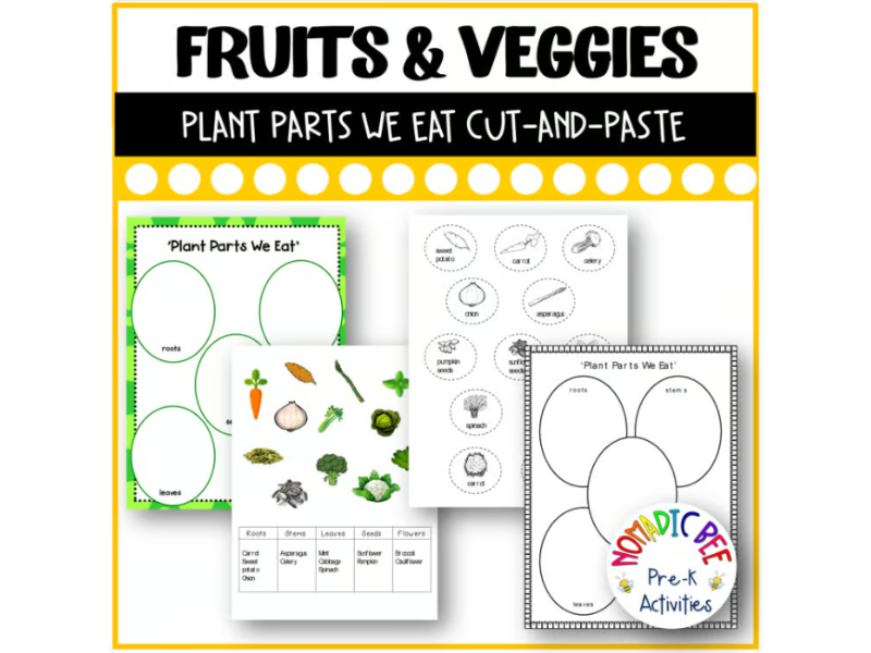 'Plant Parts We Eat' cut-and-paste worksheets and Literacy Center printable.