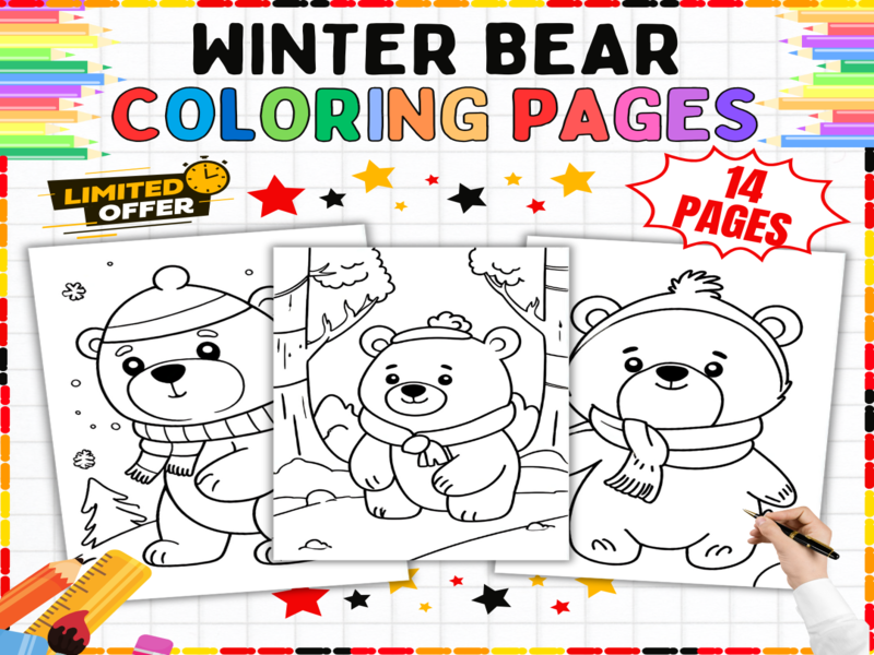 Winter Bear Colouring Pages | 14 Seasonal Animal Worksheets for Arctic & Snowy Art Activities