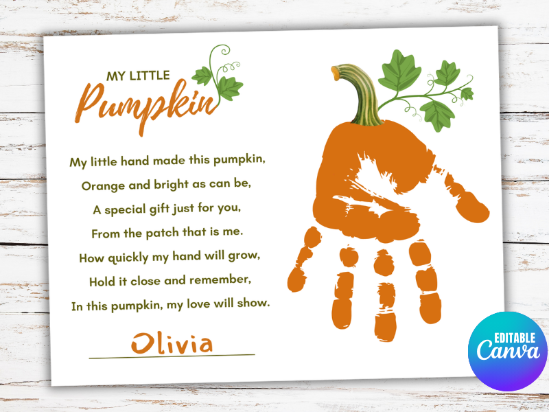 Pumpkin Handprint Craft Fall Keepsake Art and Poem for Toddler Preschool