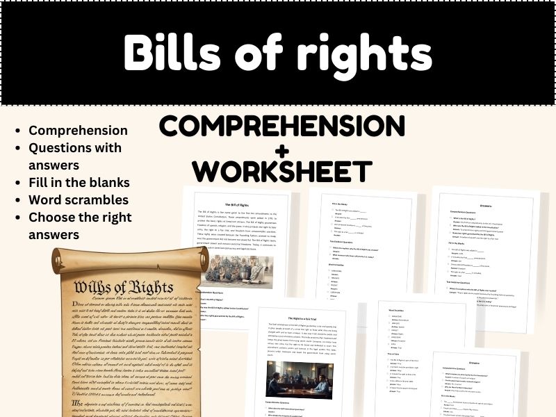Bill of Rights Worksheet| Reading Comprehension Passages and Activities