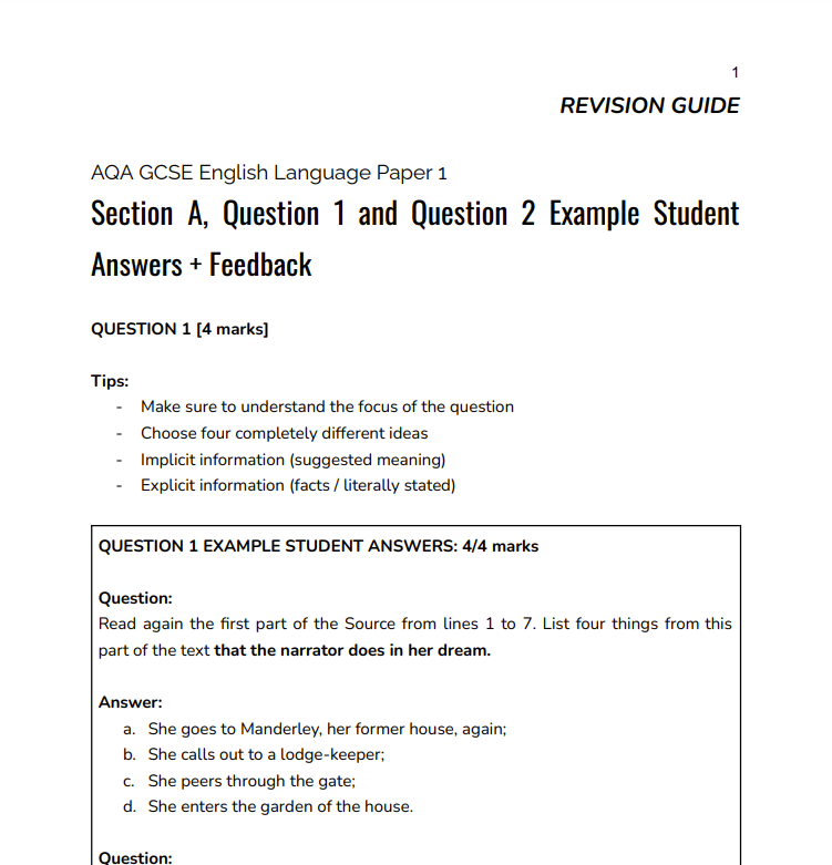 Q1 Q2 Example Student Answers Feedback AQA GCSE English Language 
