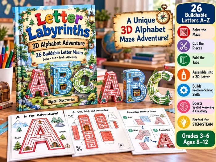 Letter Labyrinths – 3D Alphabet Adventure | 26 Buildable Letter Mazes, STEM Paper Crafts & Prob