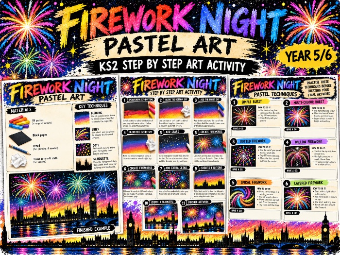 Firework Night Pastel Art KS2 | Bonfire Night Step by Step Art Activity