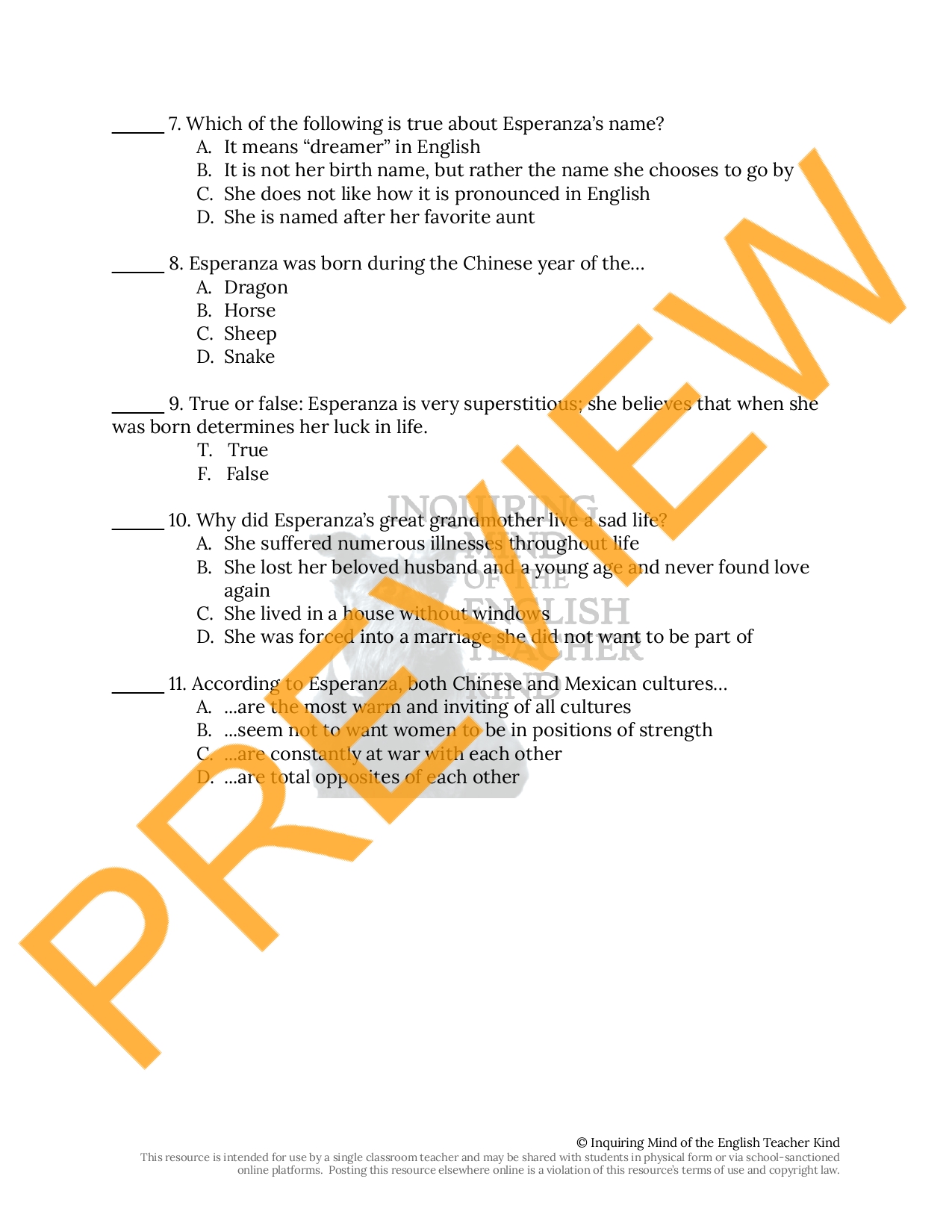 House on Mango Street Quiz on 14 Teaching Resources