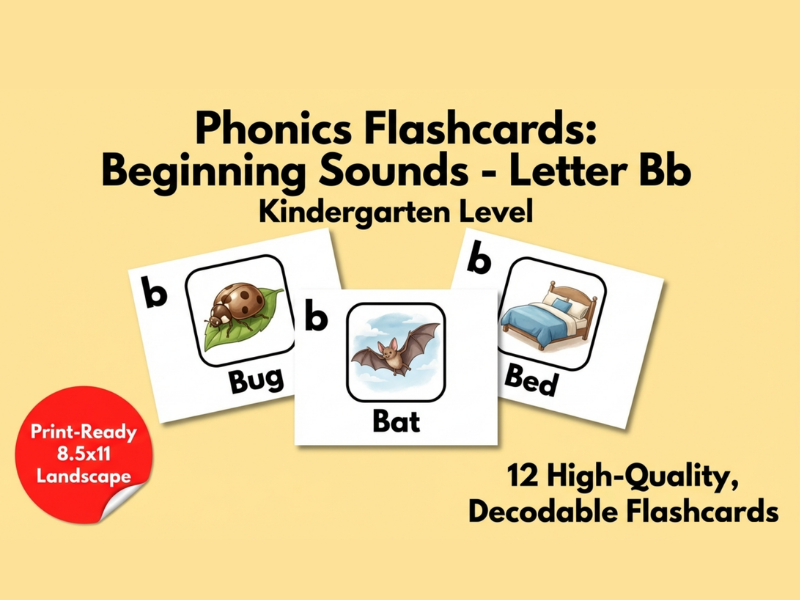 Letter B Beginning Sounds Phonics Flashcards | Kindergarten & ESL Literacy Center