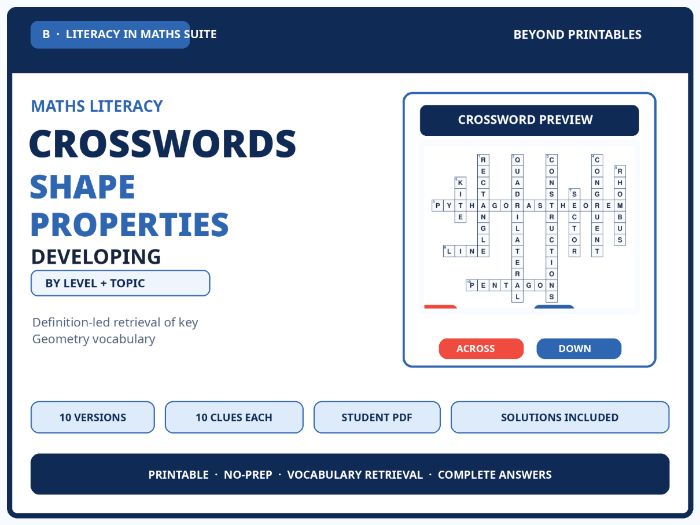 Developing Shape Properties Maths Crosswords | 10 Vocabulary Puzzles with Solutions