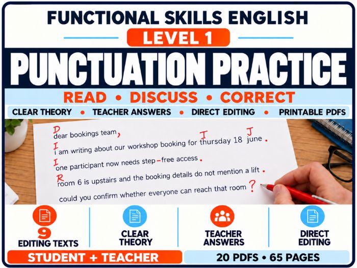 Functional Skills English Level 1 Punctuation Practice Pack: 9 Editing Texts & Teacher Answers