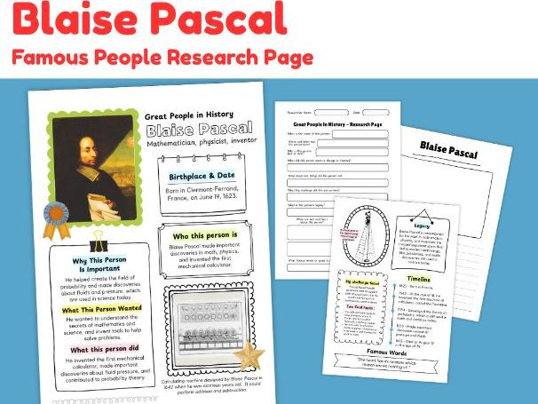 Blaise Pascal Biography Research Worksheets | Famous Mathematician Study