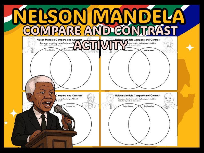 BW Nelson Mandela Compare and Contrast Worksheets | Historical Figures Activity