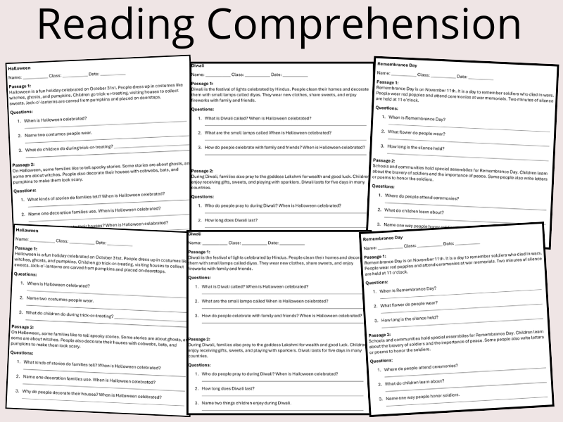 Holiday Reading Comprehension Worksheets KS1 & KS2 | Halloween, Diwali, Bonfire & Apple Day