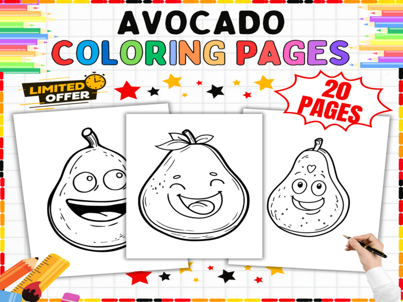 20 Avocado Colouring Pages | Cute Kawaii Food Art Activities | Fine Motor Skills Printable Worksheet