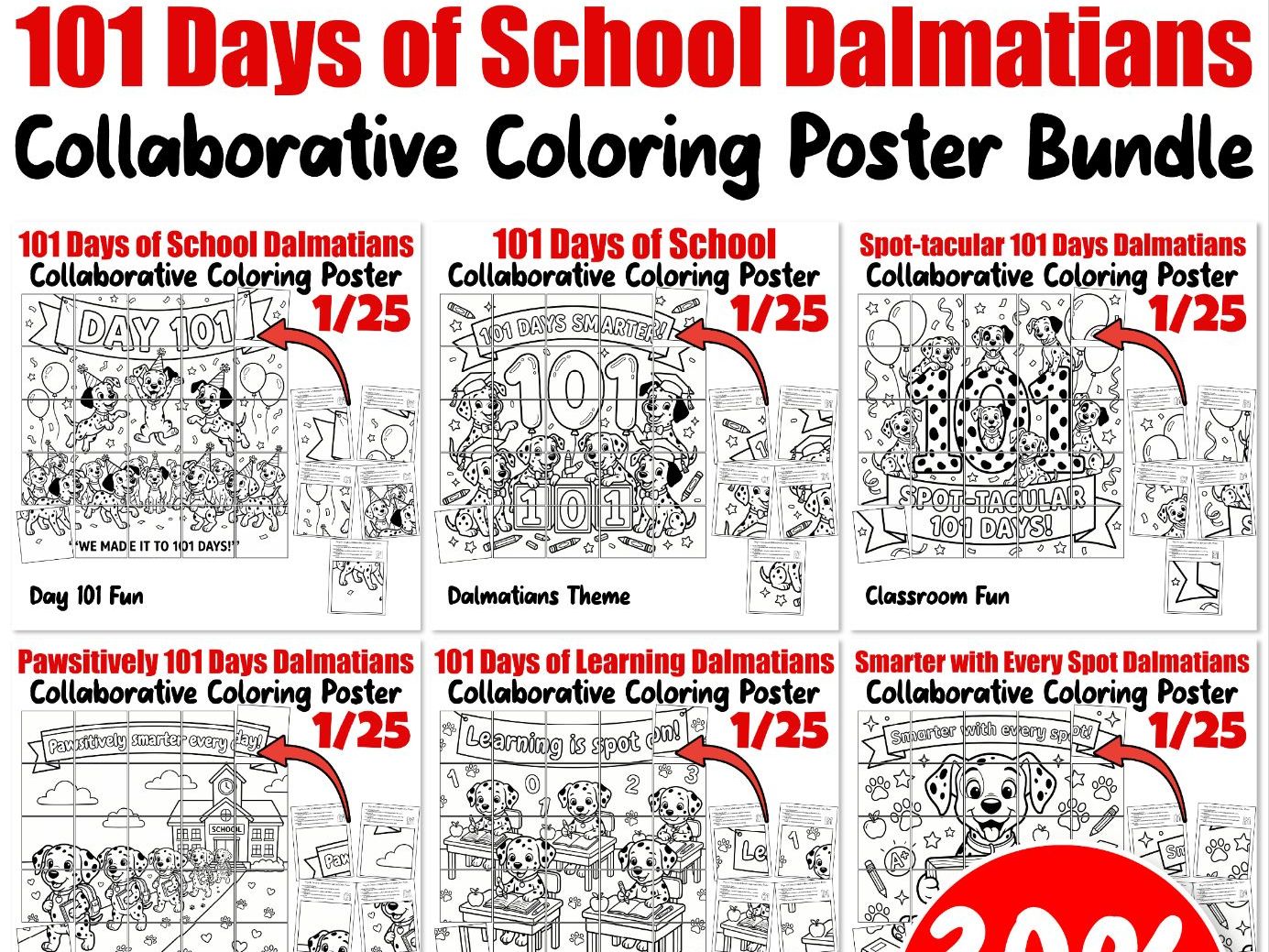 101 Days of School Dalmatians Collaborative Coloring Poster Bundle