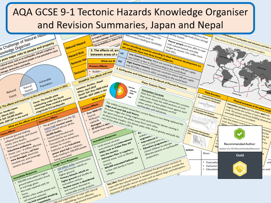 GCSE AQA 9-1 Tectonic Hazards Knowledge Organiser and Revision Summaries , Japan and Nepal.