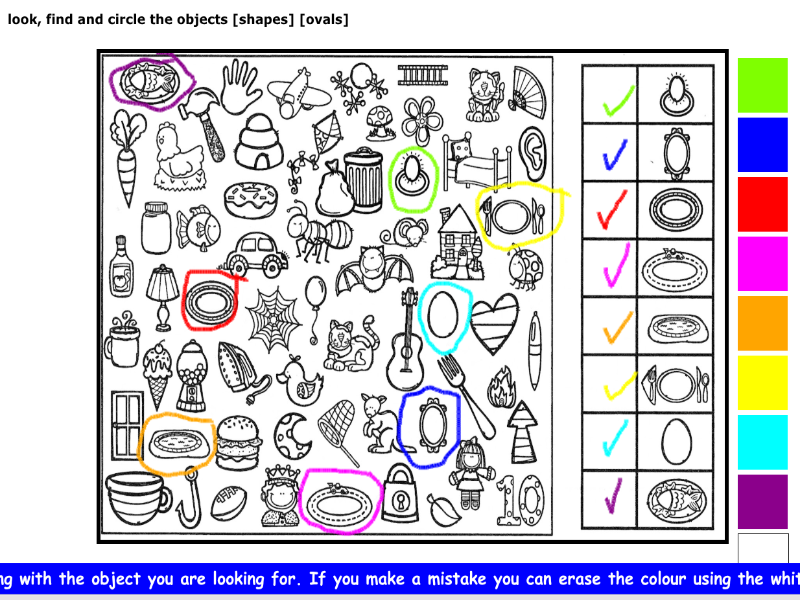 look, find and circle the objects [shapes] [ovals]