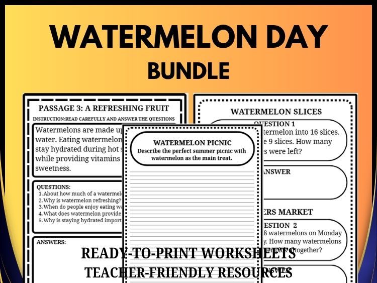 Watermelon Bundle | Reading Comprehension, Math Word Problems & Writing Prompts | Grades 2–8