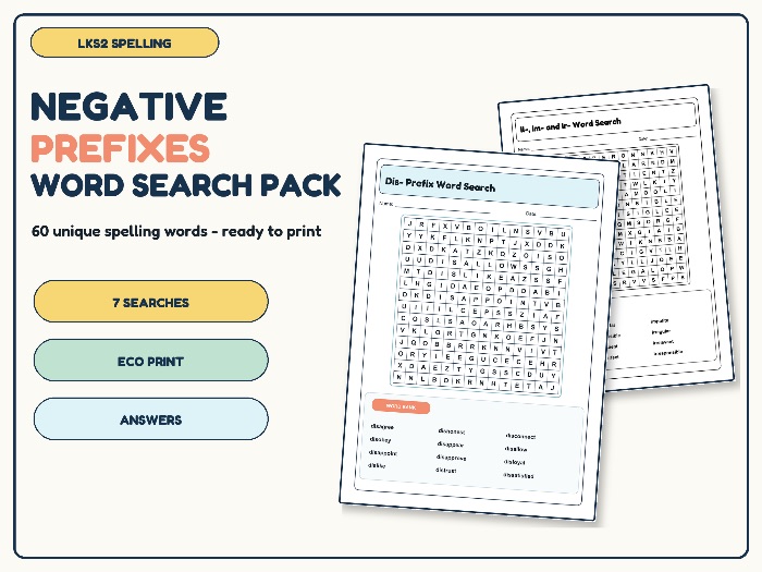 LKS2 Negative Prefixes Word Search Pack | 7 Spelling Activities
