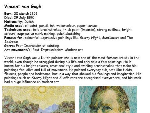 Artist information sheets 100+ KS3 and GCSE