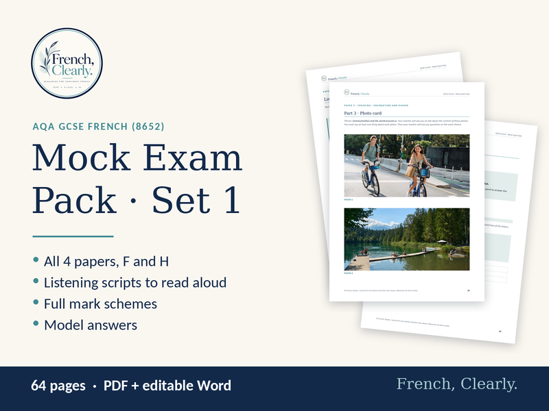 AQA GCSE French Mock Exam Pack (8652) – All 4 Papers, Foundation & Higher, with Mark Schemes