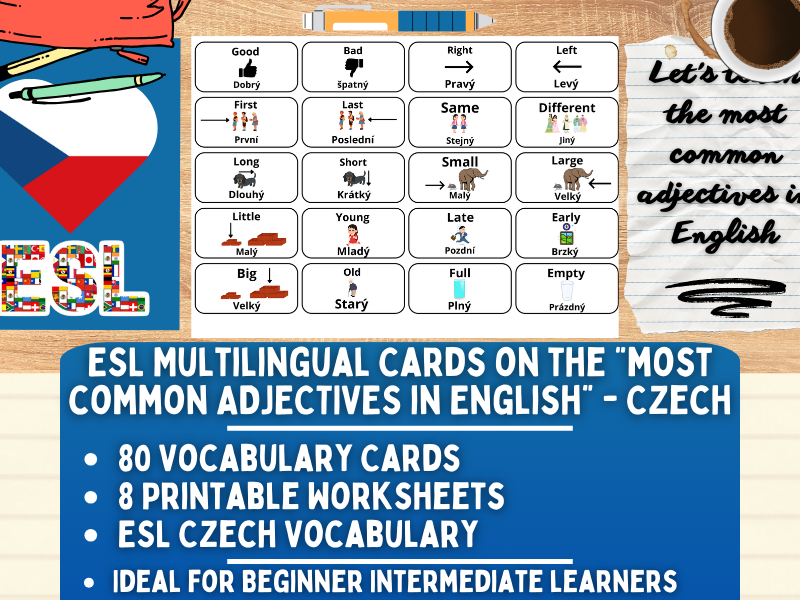 ESL Multilingual Vocabulary Flashcards - Most Common Adjectives - Czech