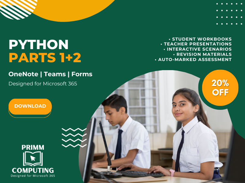 Python Fundamentals KS3 / KS4 OneNote Paperless Workbook PRIMM (Parts 1 + 2)