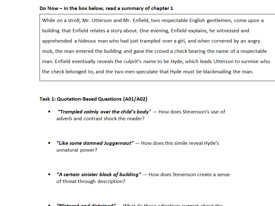 'Jekyll & Hyde' Revision Sheets, GCSE Lit Paper 1 AQA (Assorted)