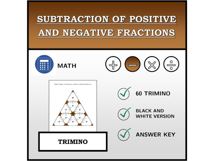Trimino | Subtraction of Positive and Negative Fractions | Math Activity