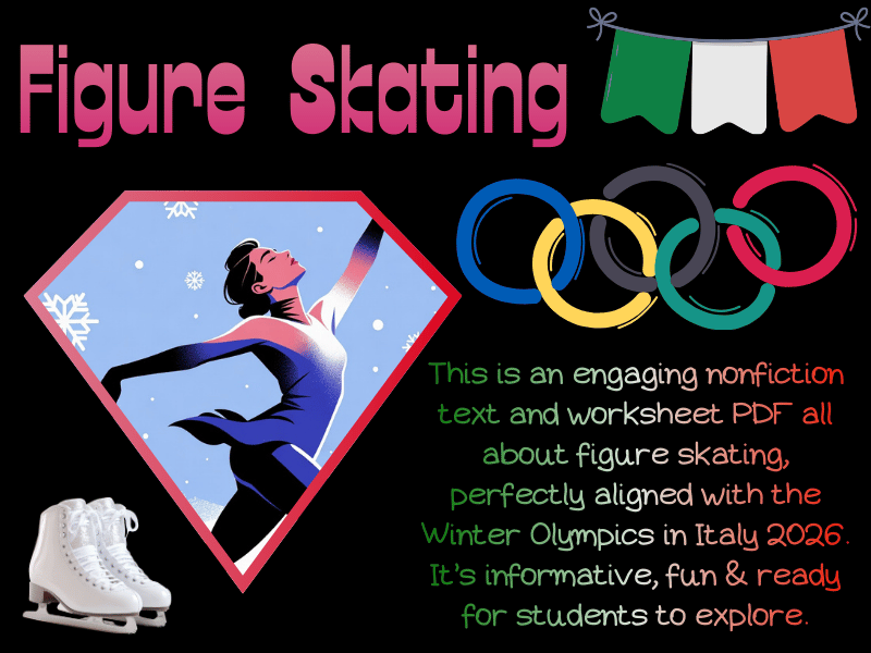 Figure Skating Nonfiction Text & Worksheets for Kids, Winter Olympics Italy 2026