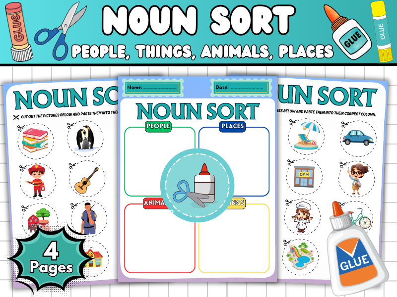 Noun Sort: people, things, animal or Places-Cut and Paste Sorting Activity For Kids-EYFS and KS1