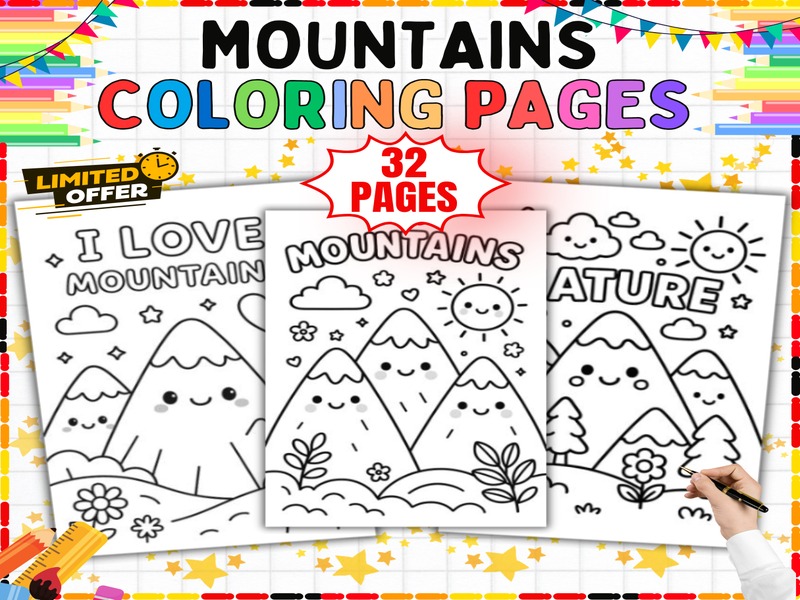 Nature Coloring Pages | 32 Sheets | Mountain Scenes for Spring and Summer